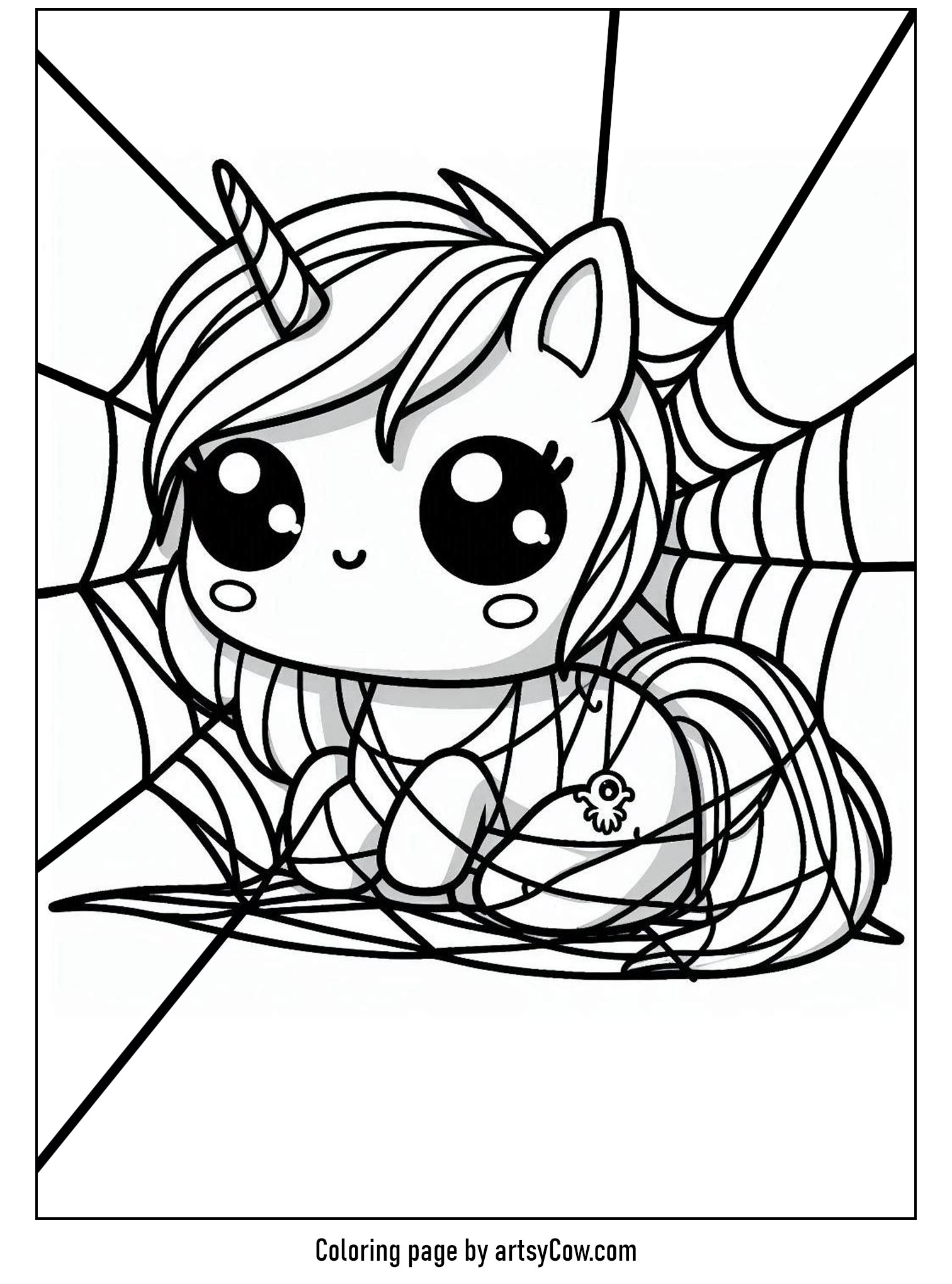 halloween coloring pages with unicorn 2 featuring an adorable unicorn playfully entangled in a large spider web, with a cute expression and a small spider nearby, perfect for kids coloring fun.